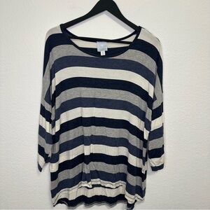 Sunday Woman Striped Long Sleeve Tee – Blue, White, Gray & Black – Size 1X